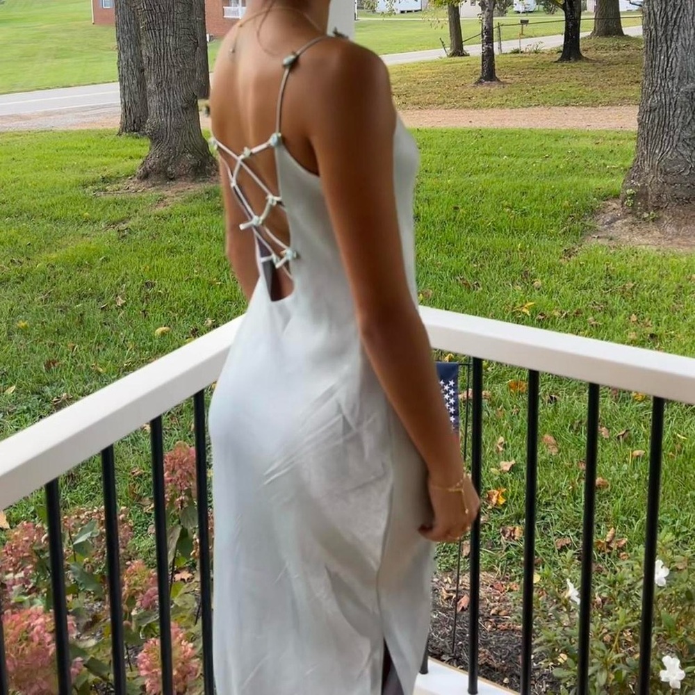 Vintage maxi length formal dress, baby blue, backless floral size US 2